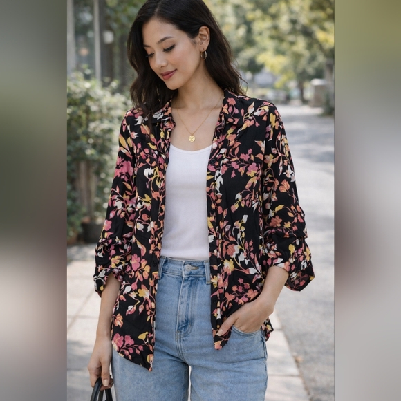 Floral Button Front Boho Romantic Floral Blouse Business Casual Office Shirt - Picture 3 of 8